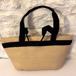 Talbots Woven Straw Tote Handbag Natural Black Trim Dual Handles Coastal - READ